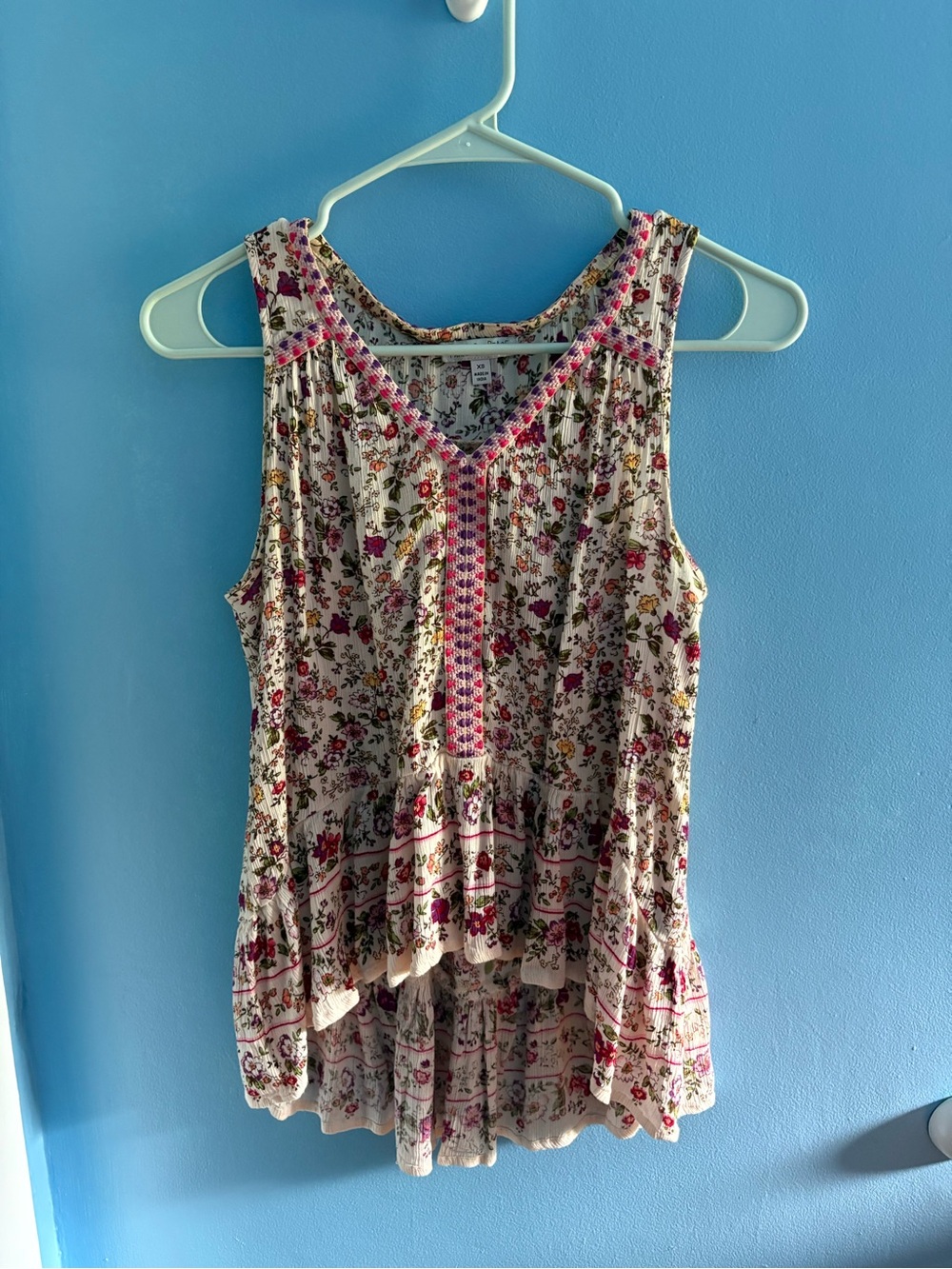 Patrons of Peace Floral V-Neck Peplum Tank in Cream, Pink and Green